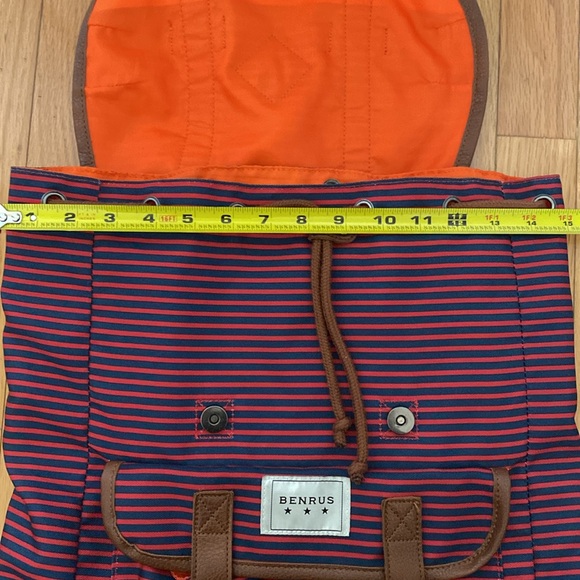 BENRUS Scout Backpack Large Red Blue Striped Leather Straps School Travel 19" - Picture 9 of 12